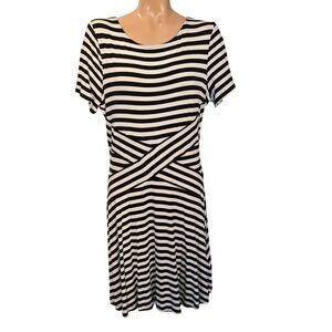 Trulli Womens XLarge Black‎ White Striped Cross Front Short Sleeve Midi Dress